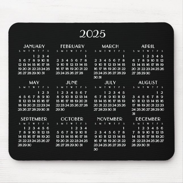 Art Deco White Yearly Calendar 2025 Mouse Pad (Front)