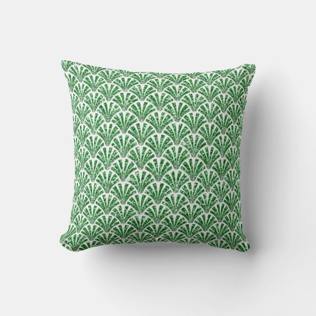 Art Deco WhiteGreen Tropical Seashells Scales Throw Pillow (Front)