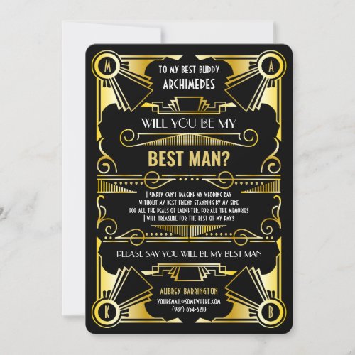Art Deco Will You Be My Best Man Gold  Black Invitation