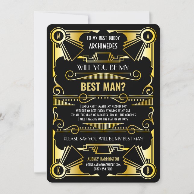 Art Deco Will You Be My Best Man Gold & Black Invitation (Front)