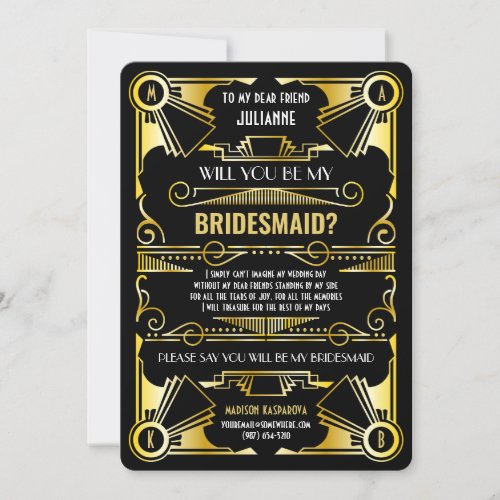 Art Deco Will You Be My Bridesmaid Gold  Black Invitation