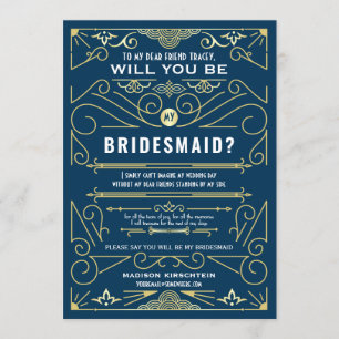 Art Deco Will You Be My Bridesmaid Gold Blue Invitation