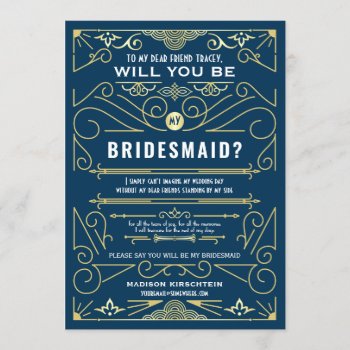 Art Deco Will You Be My Bridesmaid Gold Blue Invitation by BCVintageLove at Zazzle