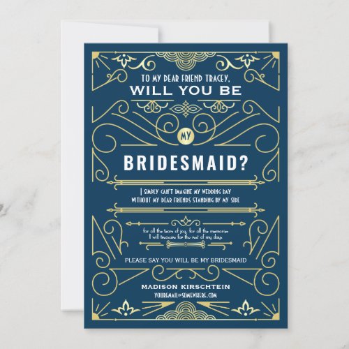 Art Deco Will You Be My Bridesmaid Gold Blue Invitation