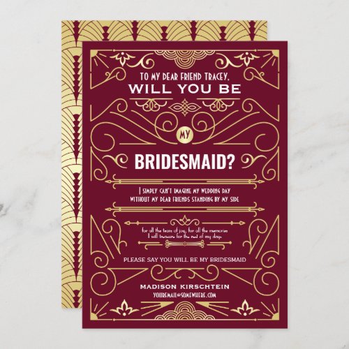 Art Deco Will You Be My Bridesmaid Gold Burgundy Invitation