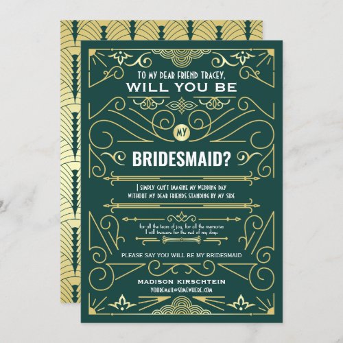 Art Deco Will You Be My Bridesmaid Gold Green Invitation