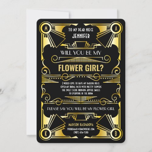 Art Deco Will You Be My Flower Girl Gold  Black Invitation