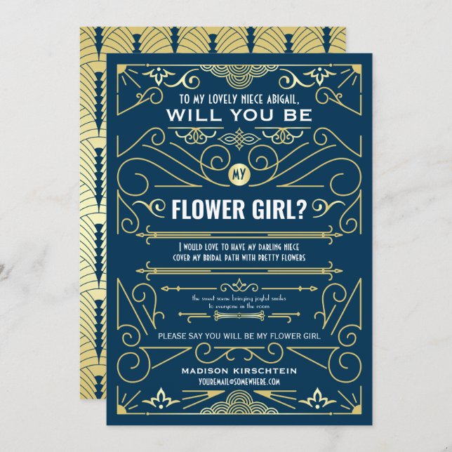 Art Deco Will You Be My Flower Girl Gold Dark Blue Invitation (Front/Back)