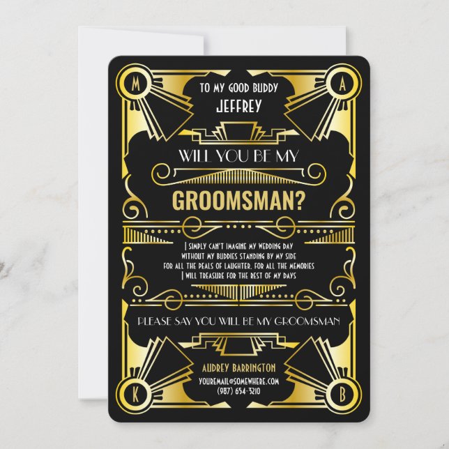 Art Deco Will You Be My Groomsman Gold & Black Invitation (Front)