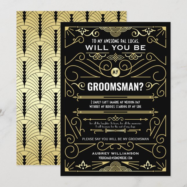 Art Deco Will You Be My Groomsman Gold Black Invitation (Front/Back)