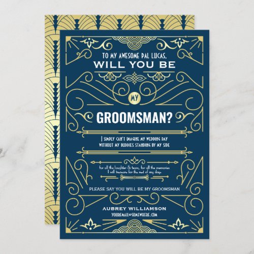 Art Deco Will You Be My Groomsman Gold Dark Blue Invitation
