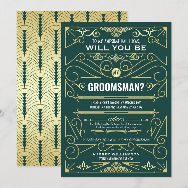 Art Deco Will You Be My Groomsman Gold Green Invitation (Front/Back)