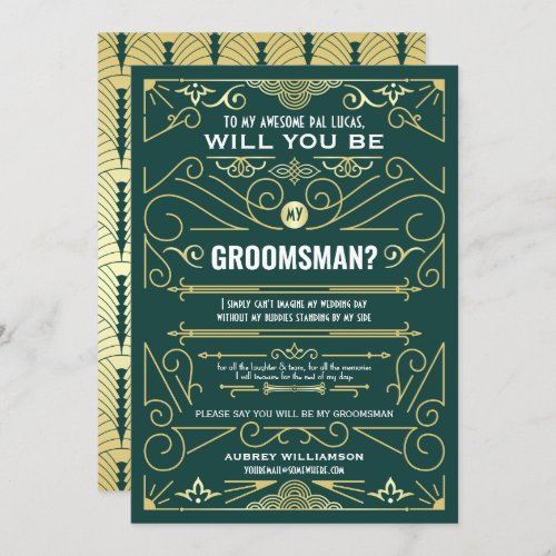 Art Deco Will You Be My Groomsman Gold Green Invitation
