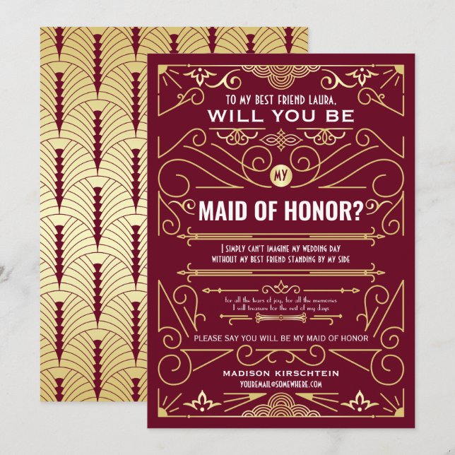 Art Deco Will You Be My Maid of Honor Burgundy Invitation (Front/Back)