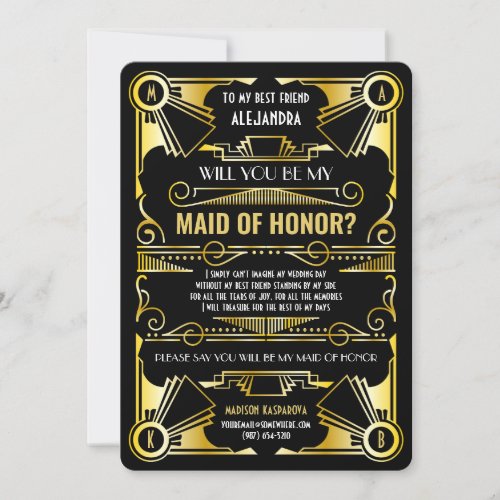 Art Deco Will You Be My Maid of Honor Gold  Black Invitation