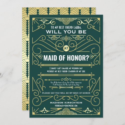 Art Deco Will You Be My Maid of Honor Gold Green Invitation
