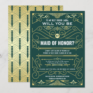 Art Deco Will You Be My Maid of Honor Gold Green Invitation