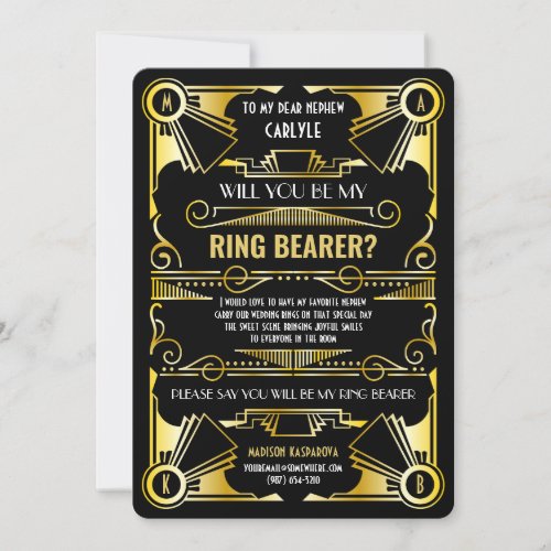 Art Deco Will You Be My Ring Bearer Gold  Black Invitation