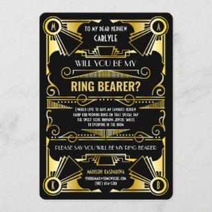 Art Deco Will You Be My Ring Bearer Gold & Black Invitation
