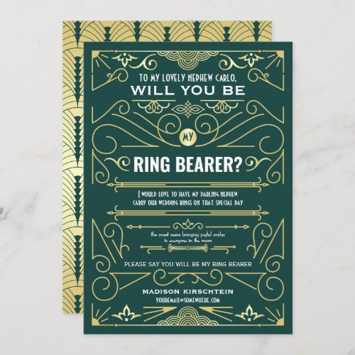 Art Deco Will You Be My Ring Bearer Gold Green Invitation