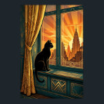 Art Deco Windowsill Gazing Cat Wall Art<br><div class="desc">A contemplative black cat silhouette perches elegantly on a teal geometric windowsill,  framed by stylized golden curtain folds and warm orange sunset rays. This serene 1920s art deco composition brings peaceful sophistication to bedrooms,  hallways and living rooms,  creating a perfect focal point for cat enthusiasts and modern decor lovers.</div>