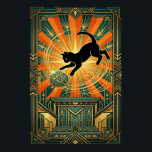 Art Deco Winged Mystical Cat Wall Art<br><div class="desc">A mystical black cat silhouette spreads golden geometric wings above a teal marble pedestal,  surrounded by orange radiating light rays. This luxurious mythical 1920s art deco design combines elegance and fantasy,  creating a captivating statement piece for creative spaces,  galleries and cat lovers who appreciate sophisticated,  imaginative wall art.</div>