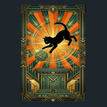 Art Deco Winged Mystical Cat Wall Art<br><div class="desc">A mystical black cat silhouette spreads golden geometric wings above a teal marble pedestal,  surrounded by orange radiating light rays. This luxurious mythical 1920s art deco design combines elegance and fantasy,  creating a captivating statement piece for creative spaces,  galleries and cat lovers who appreciate sophisticated,  imaginative wall art.</div>