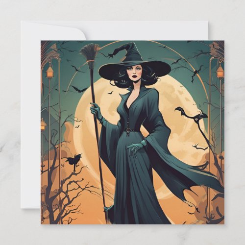 Art Deco Witch and Full Halloween Moon Invitation