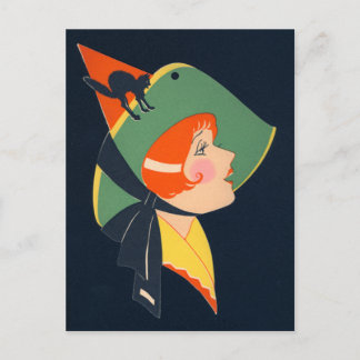Art Deco Witch Black Cat Postcard