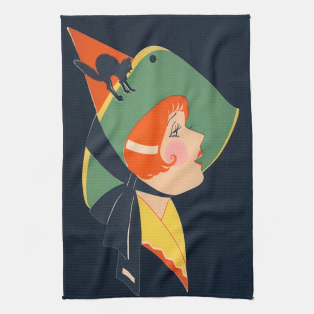 Art Deco Witch Hat Black Cat Kitchen Towel (Vertical)