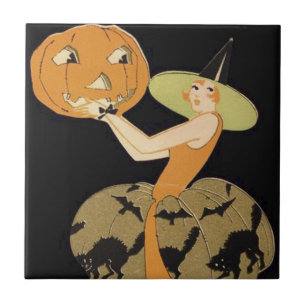 Art Deco Witch Jack O Lantern Pumpkin Black Cat Ceramic Tile