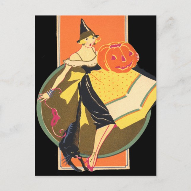 Art Deco Witch Jack O Lantern Pumpkin Black Cat Postcard (Front)