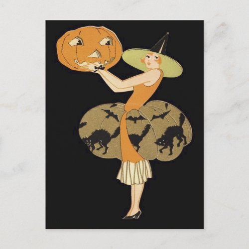 Art Deco Witch Jack O Lantern Pumpkin Black Cat Postcard