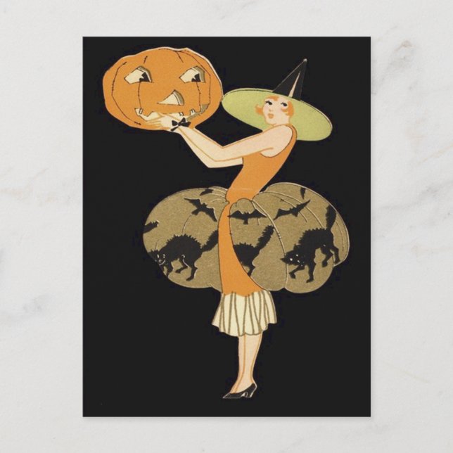 Art Deco Witch Jack O Lantern Pumpkin Black Cat Postcard (Front)