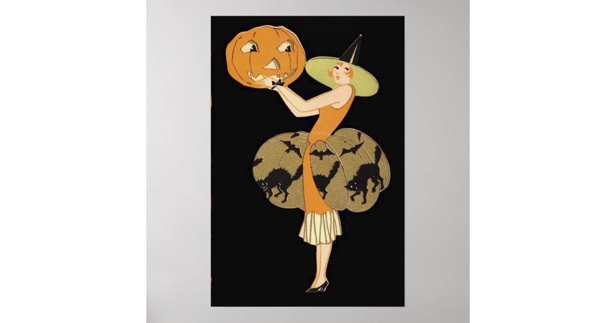Art Deco Witch Jack O Lantern Pumpkin Black Cat Poster | Zazzle