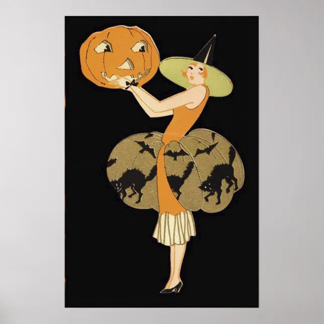 Art Deco Witch Jack O Lantern Pumpkin Black Cat Poster | Zazzle