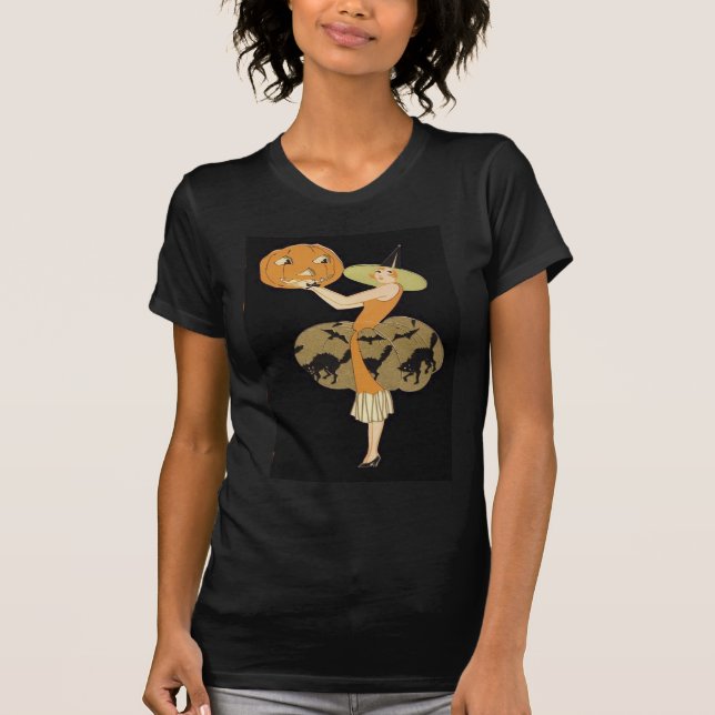 Art Deco Witch Jack O Lantern Pumpkin Black Cat T-Shirt (Front)