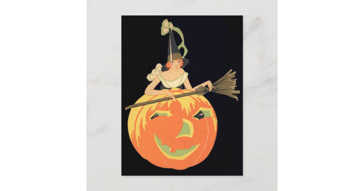 Art Deco Witch Jack O Lantern Pumpkin Broom Postcard | Zazzle