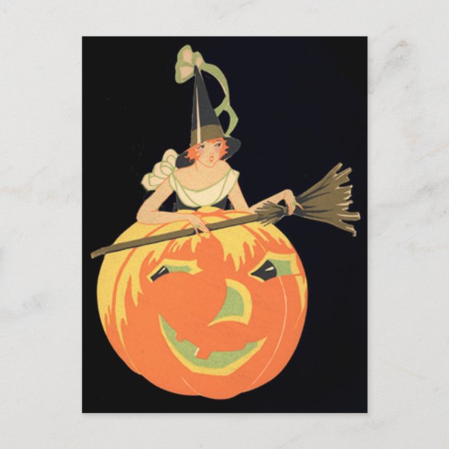 Art Deco Witch Jack O Lantern Pumpkin Broom Postcard (Front)