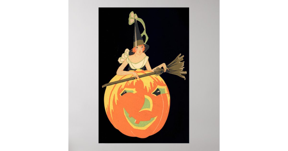 Art Deco Witch Jack O Lantern Pumpkin Broom Poster | Zazzle