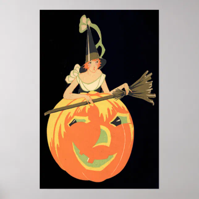 Art Deco Witch Jack O Lantern Pumpkin Broom Poster | Zazzle