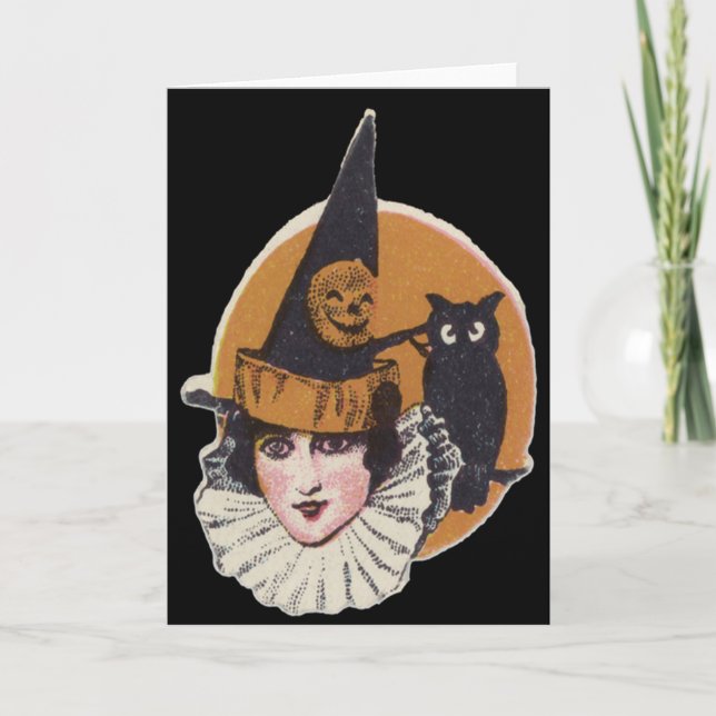 Art Deco Witch Jack O Lantern Pumpkin Owl Card (Front)