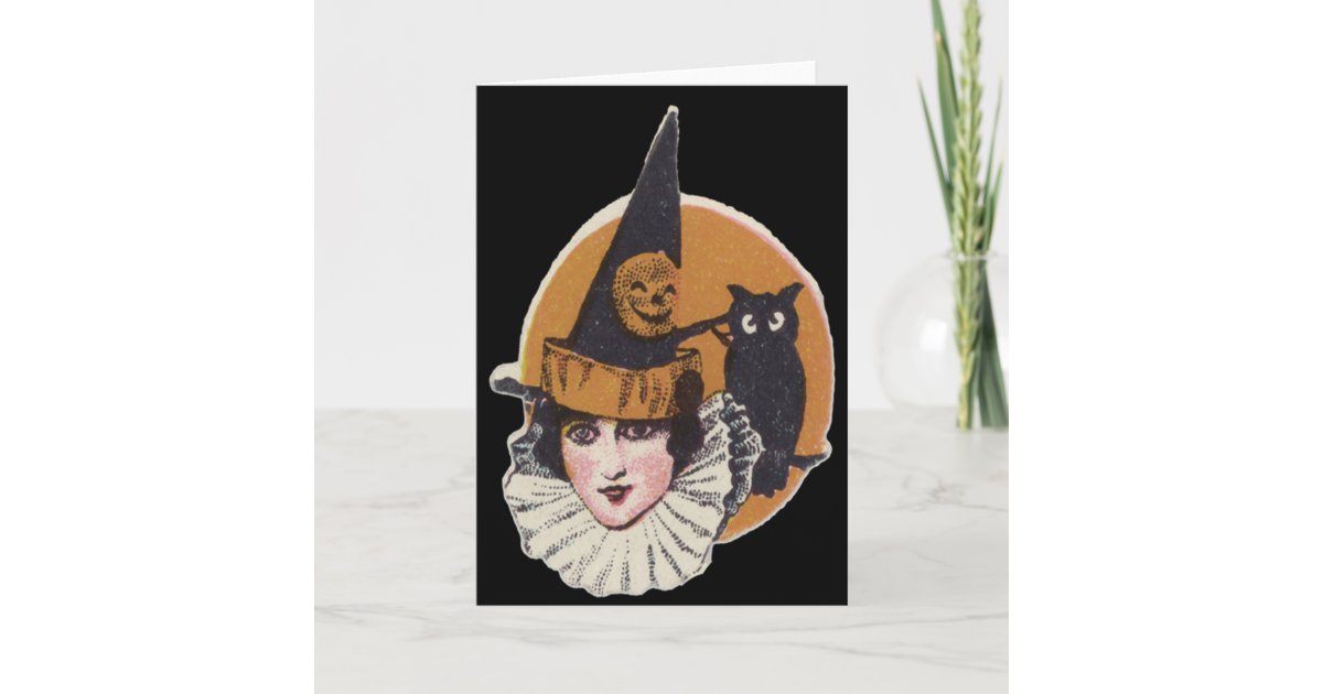 Art Deco Witch Jack O Lantern Pumpkin Owl Card | Zazzle