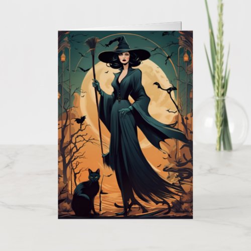 Art Deco Witch with Black Cat and Full Moon Foil Holiday Card