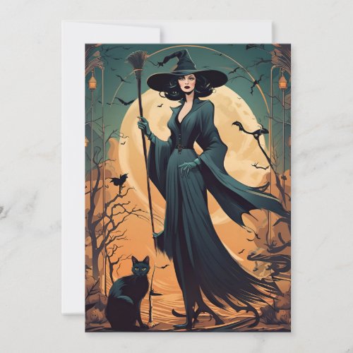 Art Deco Witch with Black Cat and Full Moon Holiday Card