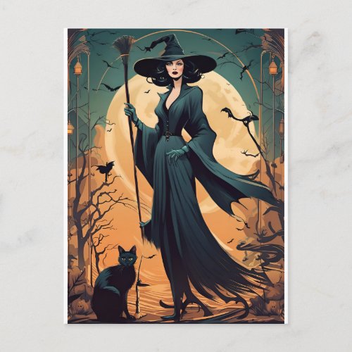 Art Deco Witch with Black Cat and Full Moon Holiday Postcard