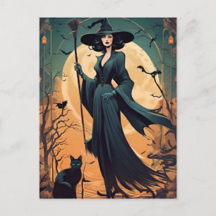 Art Deco Witch with Black Cat and Full Moon Postcard