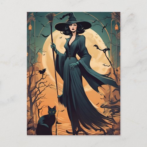 Art Deco Witch with Black Cat and Full Moon Postcard