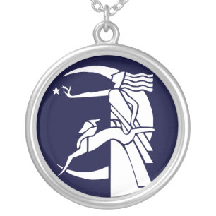 Art Deco Woman, Dog, Moon Silver Plated Necklace