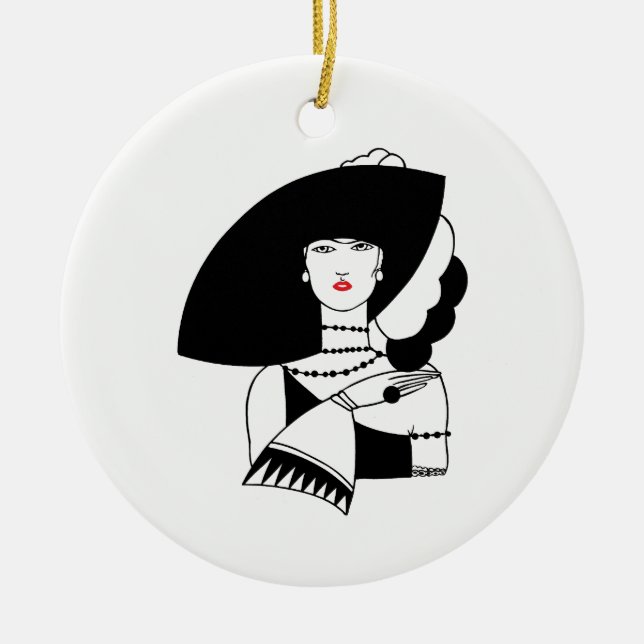 Art Deco Woman In Big Hat Gloves RL Ceramic Ornament (Front)